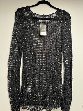 A/X Armani Exchange gorgeous Black Open-Weave Scoop Neck beaded Sweater
